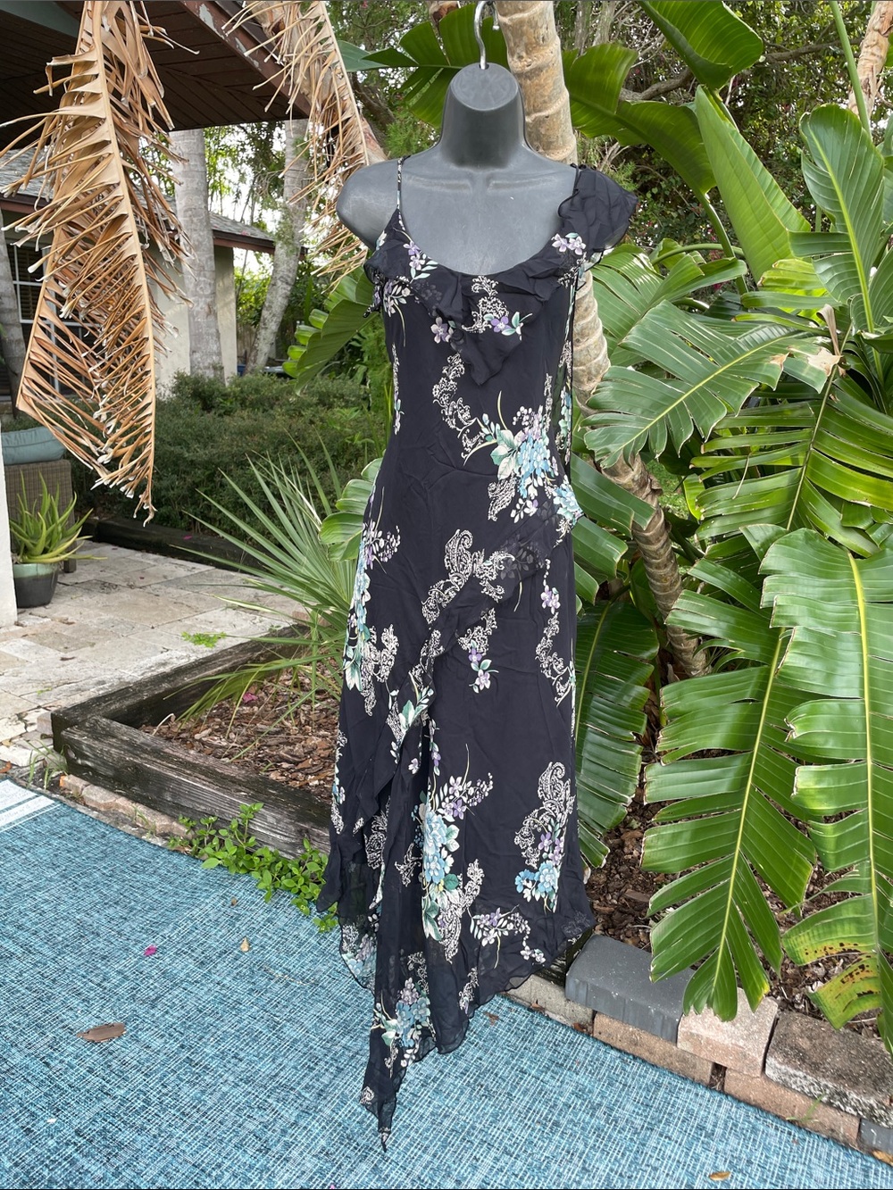 dark floral ruffled asymmetric slipped dress by lapis